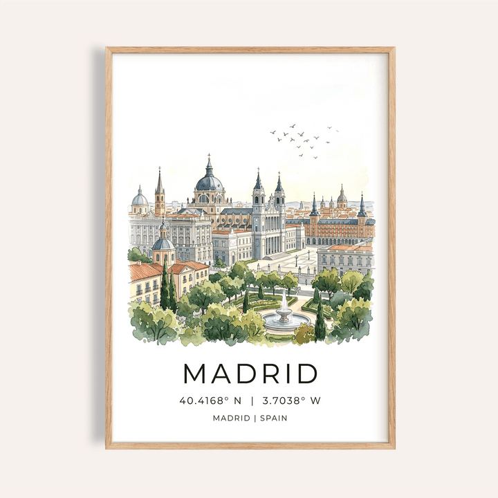 Madrid Cityscape Art Print framed close-up of watercolor cityscape with green trees and birds