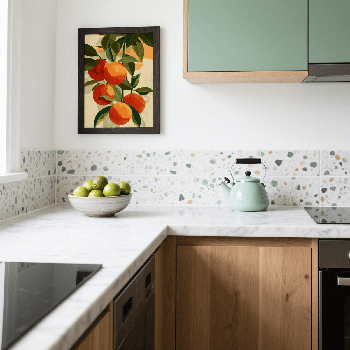 Fruit art print of an orange fruit branch in a wooden frame in a kitchen with a bowl of limes