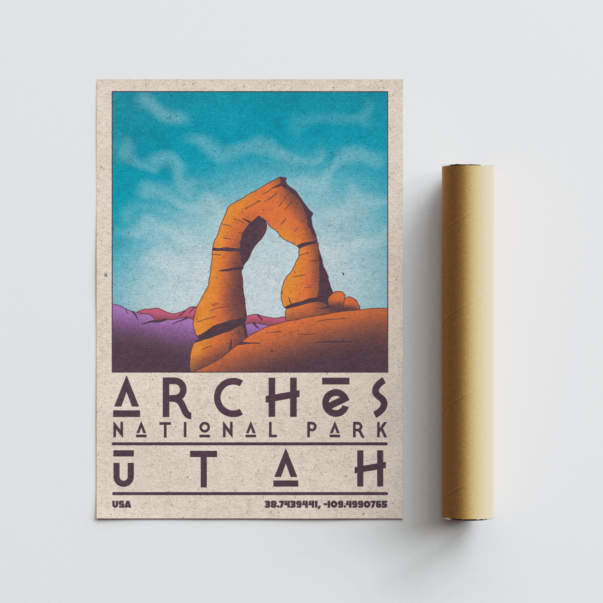 Utah wall art of Delicate Arch illustration with a brown packaging tube on a white surface