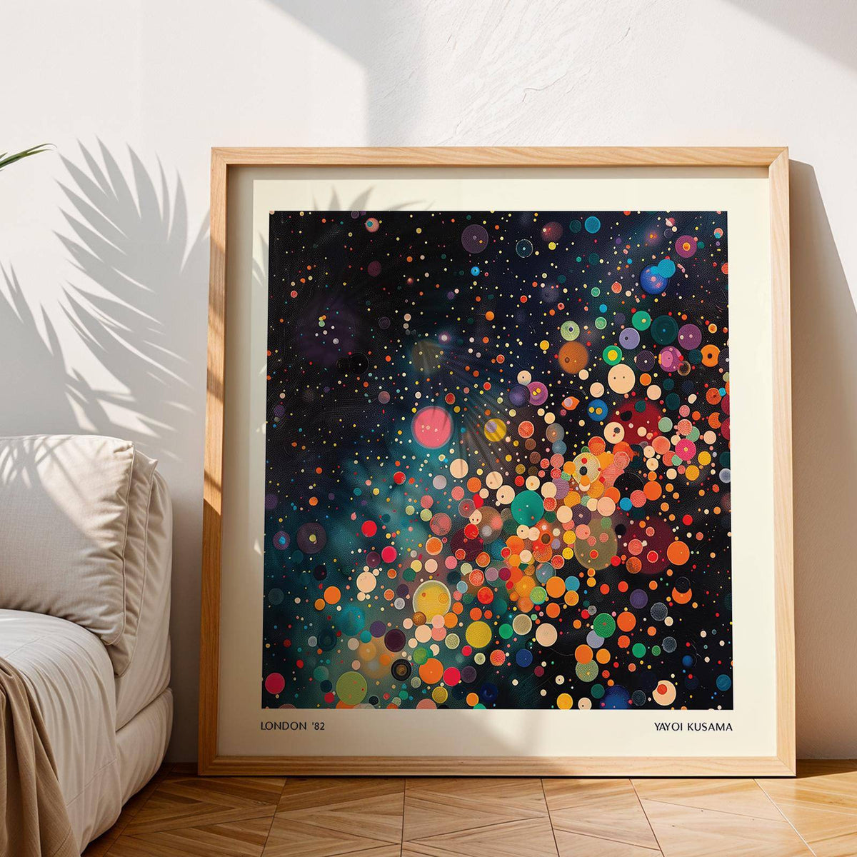 Framed Galaxy Posters of colourful circles in an abstract galaxy leaning on a parquet floor near a beige sofa