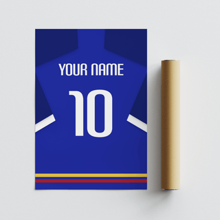 Rolled print of football shirt poster in blue with white sleeve stripe alongside a packaging tube