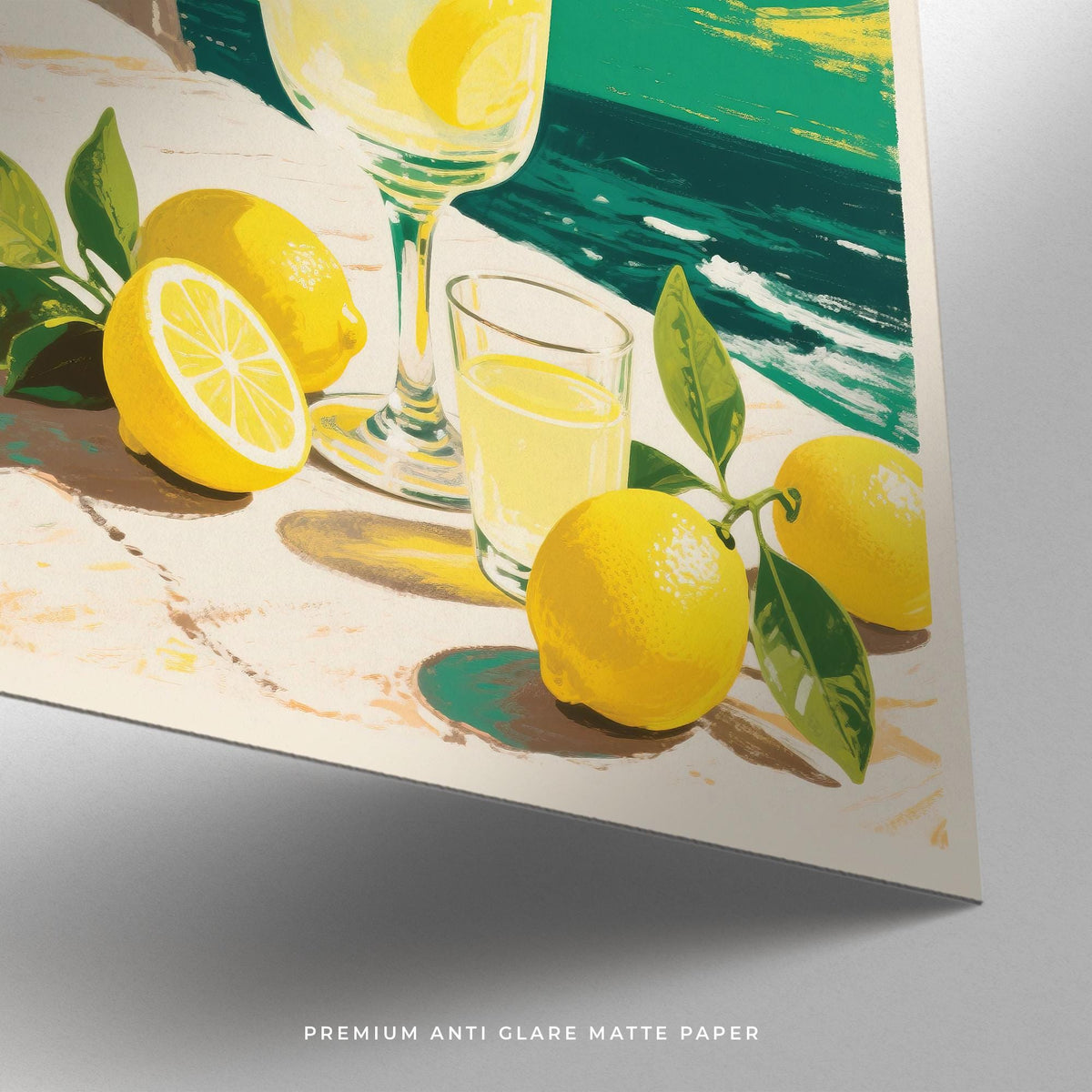 Close-up of limoncello drink with lemons on a vintage style print on matte paper