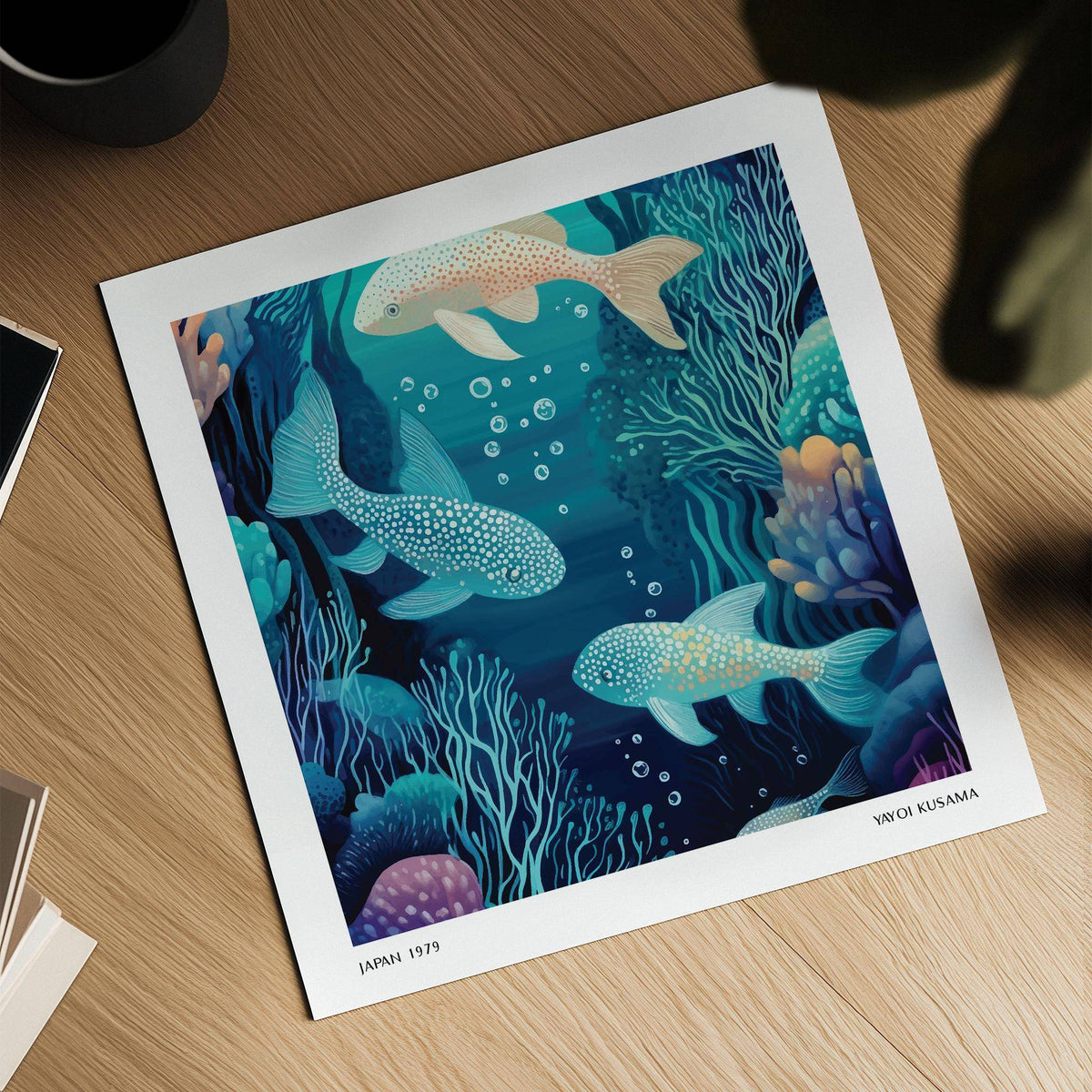 Wall Art Fish illustration of three spotted fish in teal and beige tones with coral details