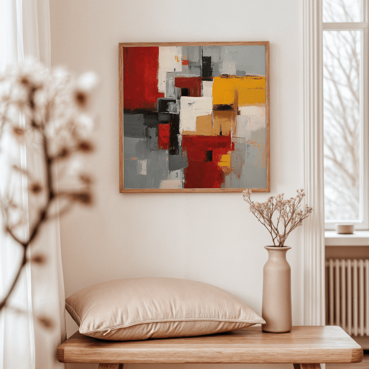 Colorful Abstract Poster Art print in warm reds and yellows above a wooden table with a beige cushion and vase in a room