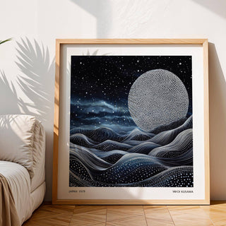 Unique wall art for bedroom leaning on the floor with a large dotted moon and starry sky