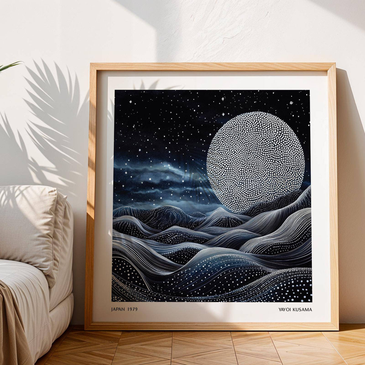 Unique wall art for bedroom leaning on the floor with a large dotted moon and starry sky
