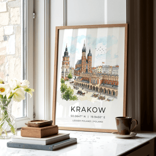 Framed Krakow Cityscape wall art with watercolour old town buildings beside a window with flowers and a cup