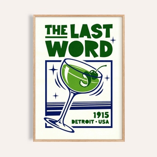 Framed print close-up of a green and blue Last Word cocktail art print with a minimalist style