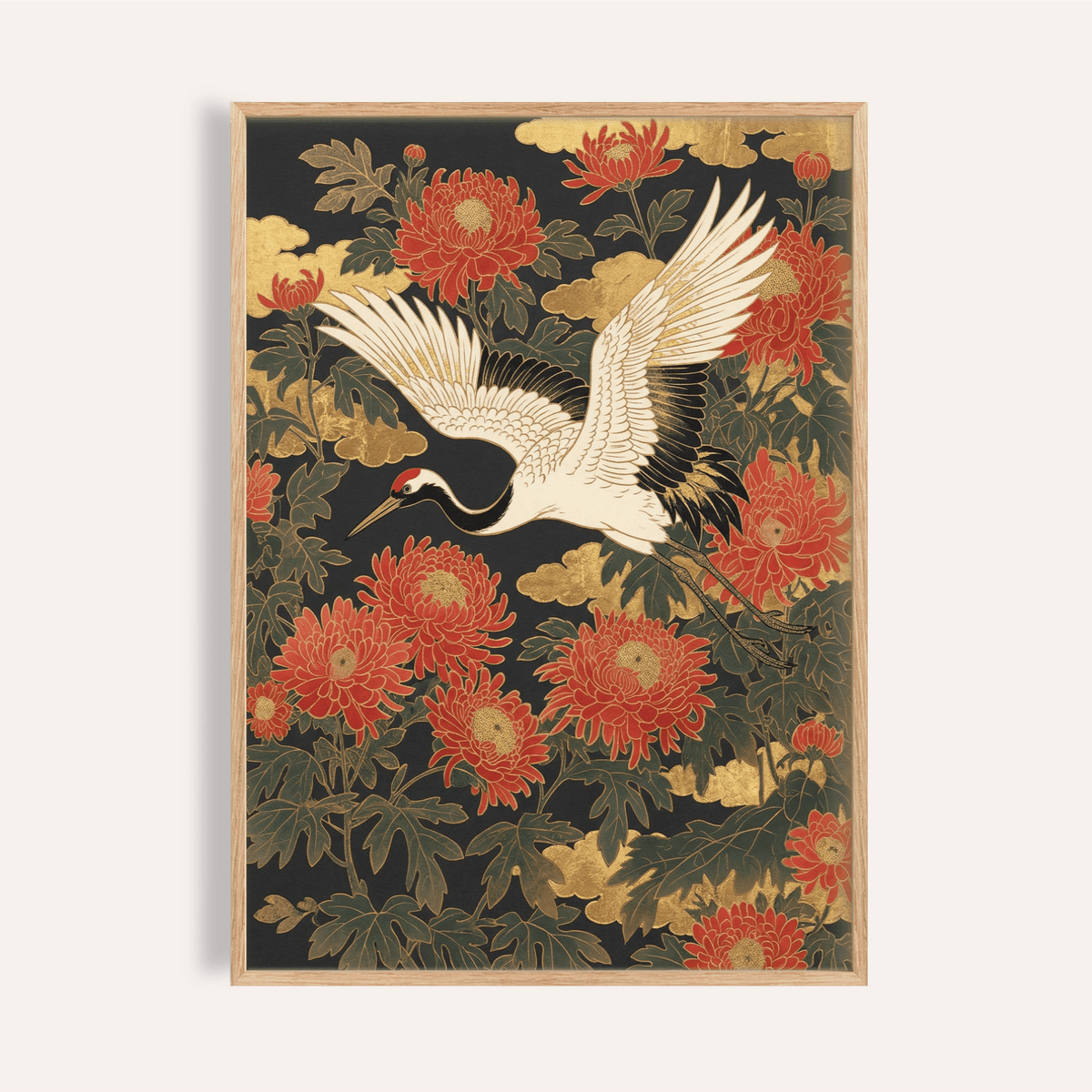 Framed Crane Floral Art Print close-up of white crane with red flowers and gold details