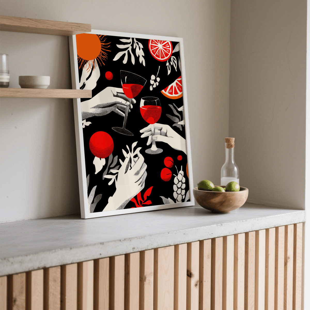 Print leaning on a shelf with hands toasting with red wine glasses on a black background and a wooden salad bowl nearby