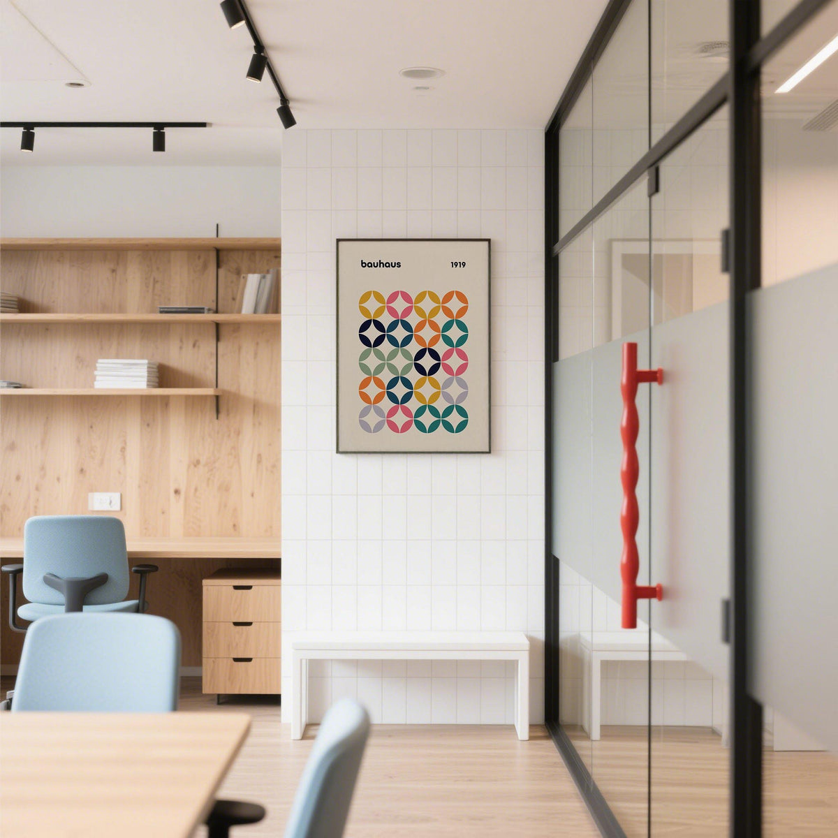 Framed print of a colourful wall art office showing a bauhaus inspired grid pattern on a white tiled wall