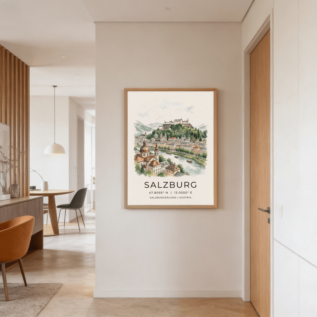 Salzburg City Print on a hallway wall with warm wood and white decor