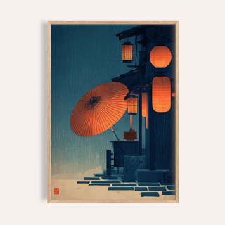 Japanese Night Scene wall art with red paper lanterns and umbrella in a minimalist style