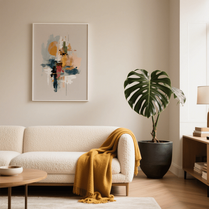 Colorful Wabi Sabi Print with mustard yellow and navy abstract shapes in a living room above a sofa with a yellow throw