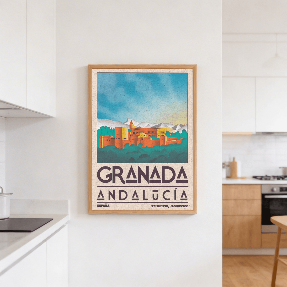 Spanish City Poster of Alhambra fortress in warm orange and green tones on a white kitchen wall
