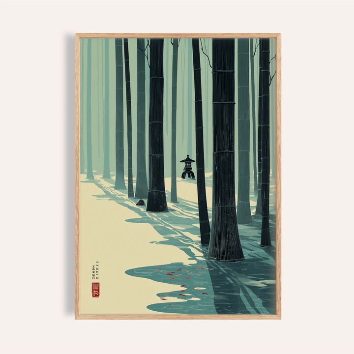 Framed Japanese Bamboo Wall Art with minimalist green and cream bamboo forest and shadows