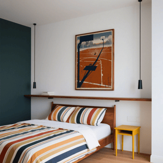 Outdoor Sports wall art of a basketball hoop and ball in minimalist retro style hanging above a bed with striped bedding
