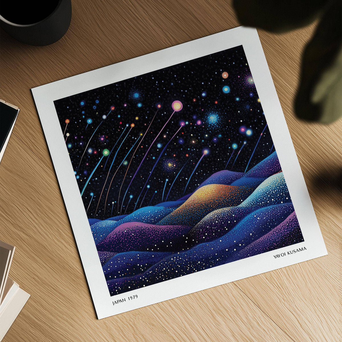 Galaxy wall art showing abstract shooting stars over colourful blue and purple hills on a wooden surface with a cup nearby