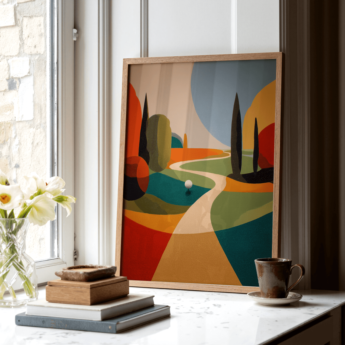 Print leaning on a windowsill of colourful abstract golfing wall art with a golf ball and swirling path