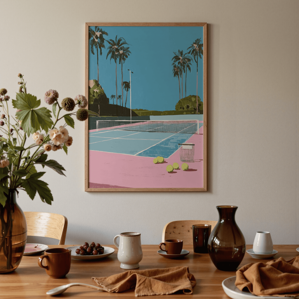 Tropical Tennis Wall Art showing a tennis court with palm trees in soft pinks and blues above a dining table with brown ceramics