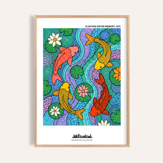 Framed close-up of koi fish wall art with colourful fish and lilies on a blue and green background