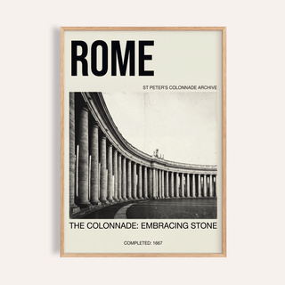Framed Colonnade Architecture Art Print showing St Peter's colonnade in monochrome with text details
