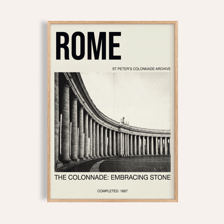 Framed Colonnade Architecture Art Print showing St Peter's colonnade in monochrome with text details