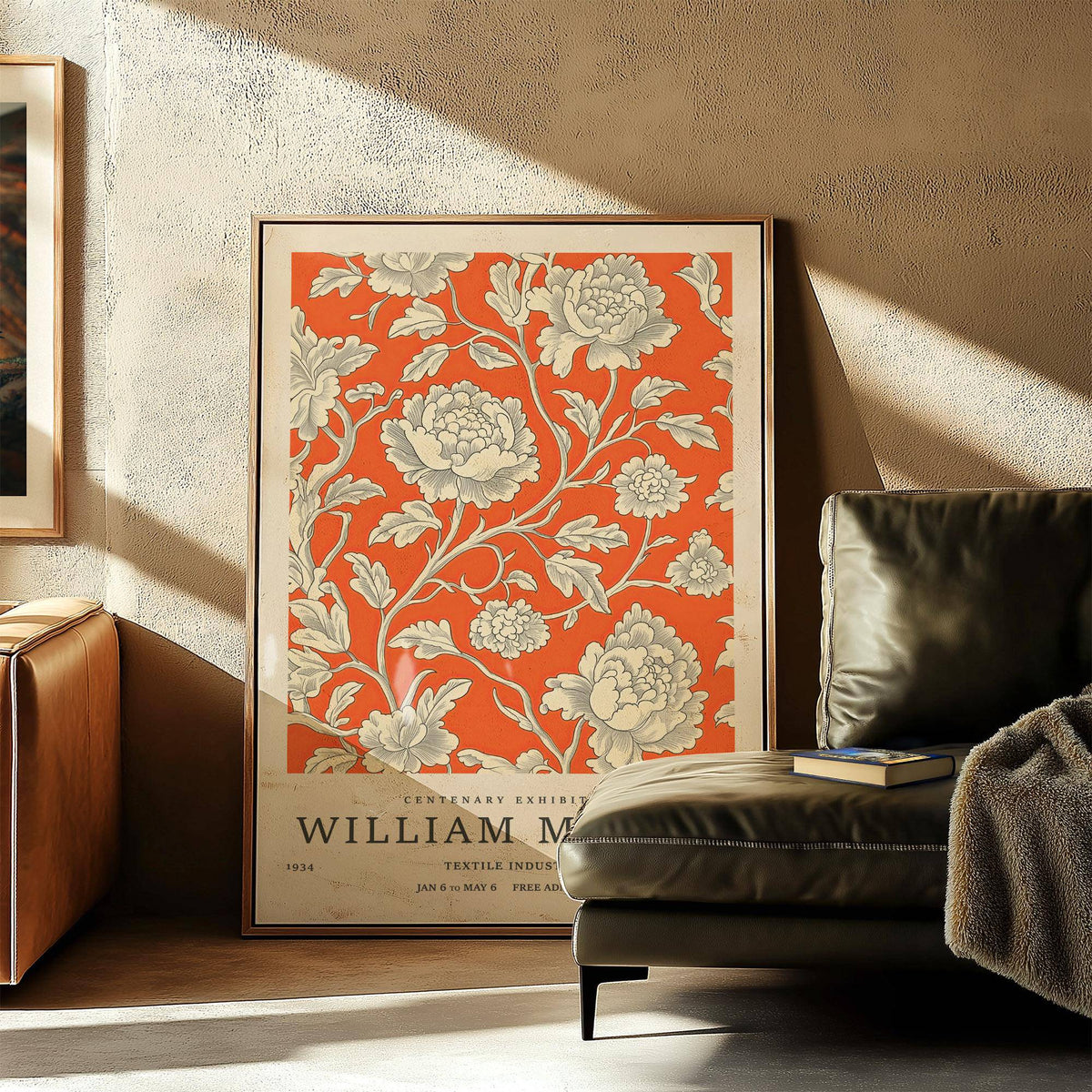 Print leaning on the floor with Vintage Flower Art peony flowers in grey and orange beside a leather sofa