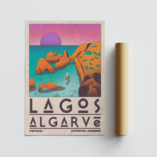 Lagos Algarve wall art flat on a surface beside a packaging tube with vibrant retro colours