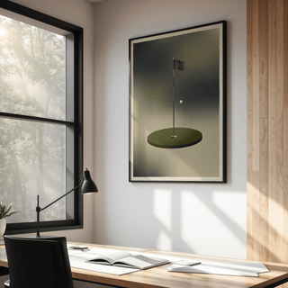 Minimalist Golf wall art of a golf hole and ball in muted green and beige above a desk with lamp