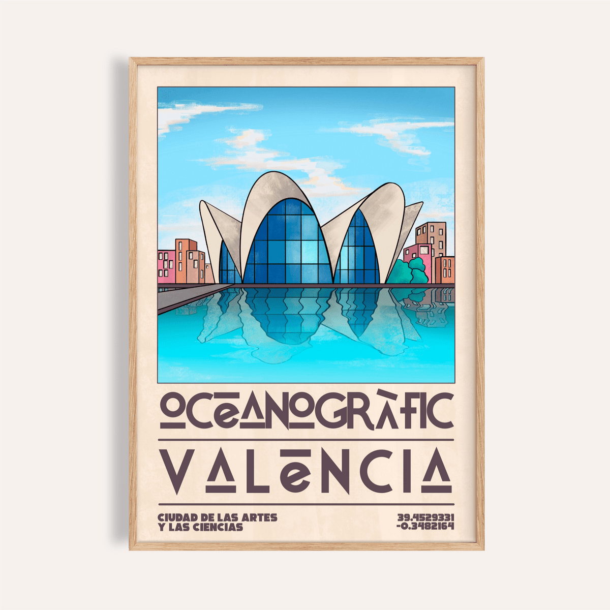 Framed Valencia Oceanographic Art Print showing oceanographic building reflected in blue water