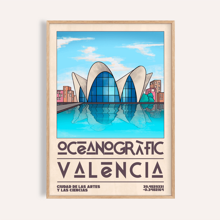 Framed Valencia Oceanographic Art Print showing oceanographic building reflected in blue water