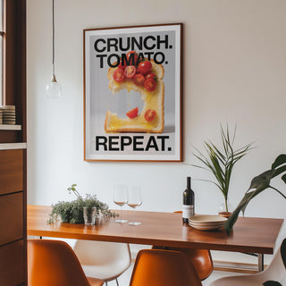 Dining Table Wall Art of toast with cherry tomatoes and text above a wooden dining table with wine bottle