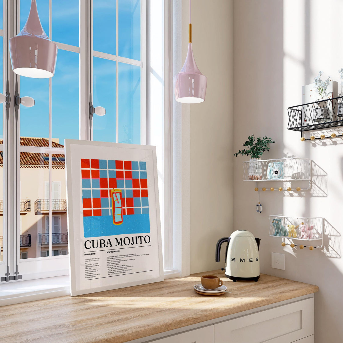 Print leaning on a kitchen windowsill with mojito cocktail illustration and red and blue grid