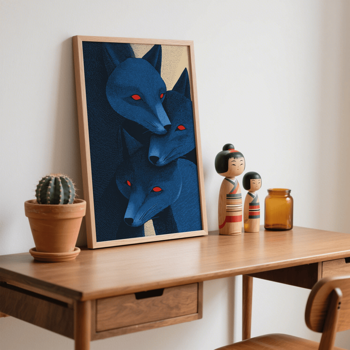 Blue fox prints with three overlapping fox heads in blue and red leaning on a desk with a cactus