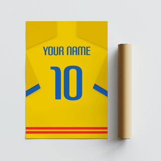 Rolled print with Football Shirt Poster in Bright Yellow with Blue Number showing number 10 and blue text