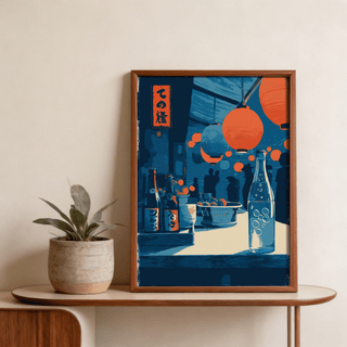 Framed close-up of Japanese Market Wall Art with blue and orange lanterns and bottles on a table next to a plant