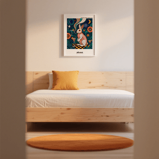 Colorful Rabbit Art Print on a bedroom wall above a wooden bed with an orange cushion and round rug
