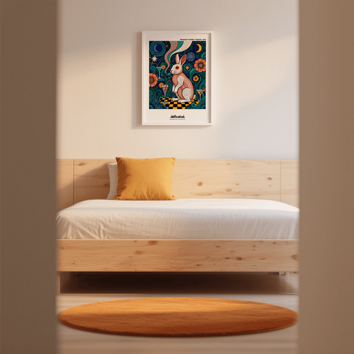 Colorful Rabbit Art Print on a bedroom wall above a wooden bed with an orange cushion and round rug
