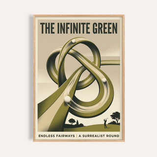 Framed print close-up of surrealist golf art print with looping green fairway and a golfer silhouette