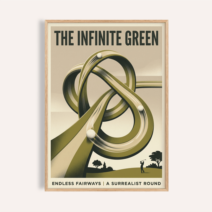 Framed print close-up of surrealist golf art print with looping green fairway and a golfer silhouette