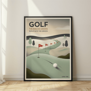 Framed Vintage Golf wall art showing minimalist illustration of golf course flags and a golf ball in muted green and beige