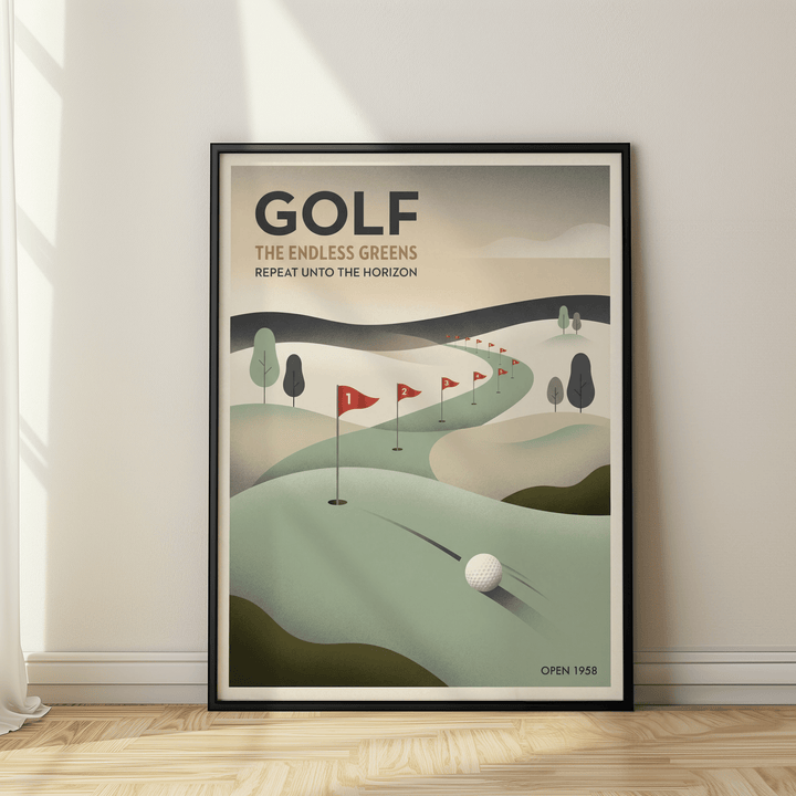 Framed Vintage Golf wall art showing minimalist illustration of golf course flags and a golf ball in muted green and beige