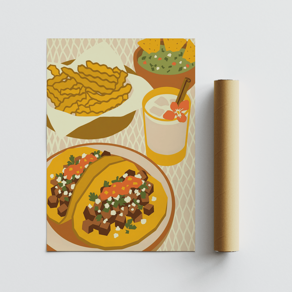 Mexican Cuisine Poster with a rolled packaging tube next to it on a grey background