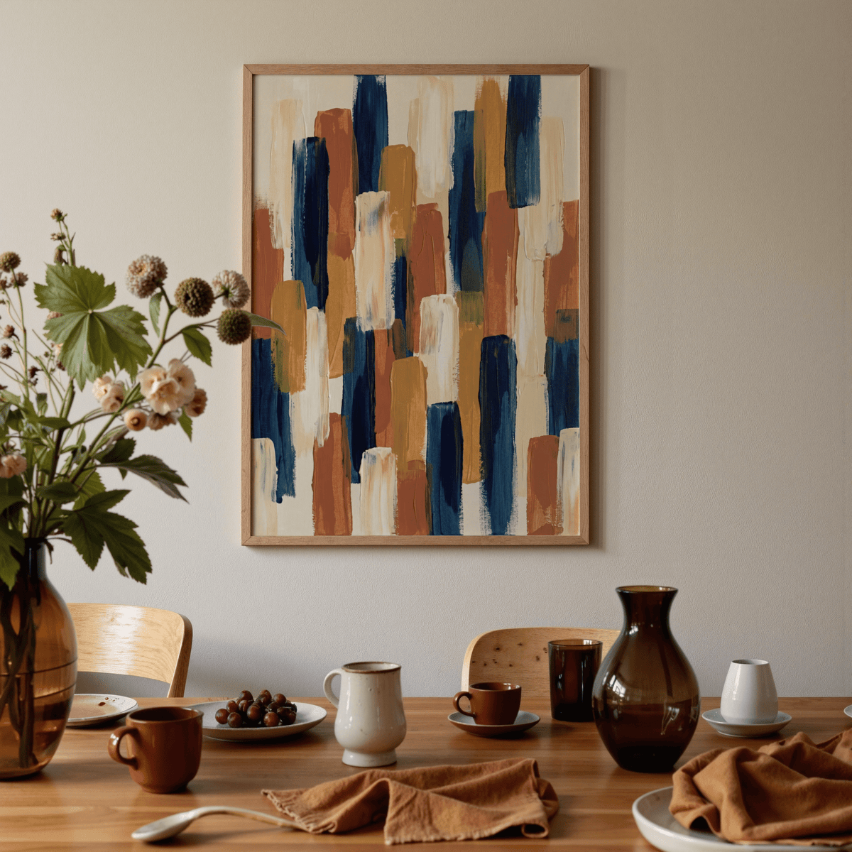 Abstract Color Blocks framed print with blue and brown brushstrokes above a dining table with cups and a vase