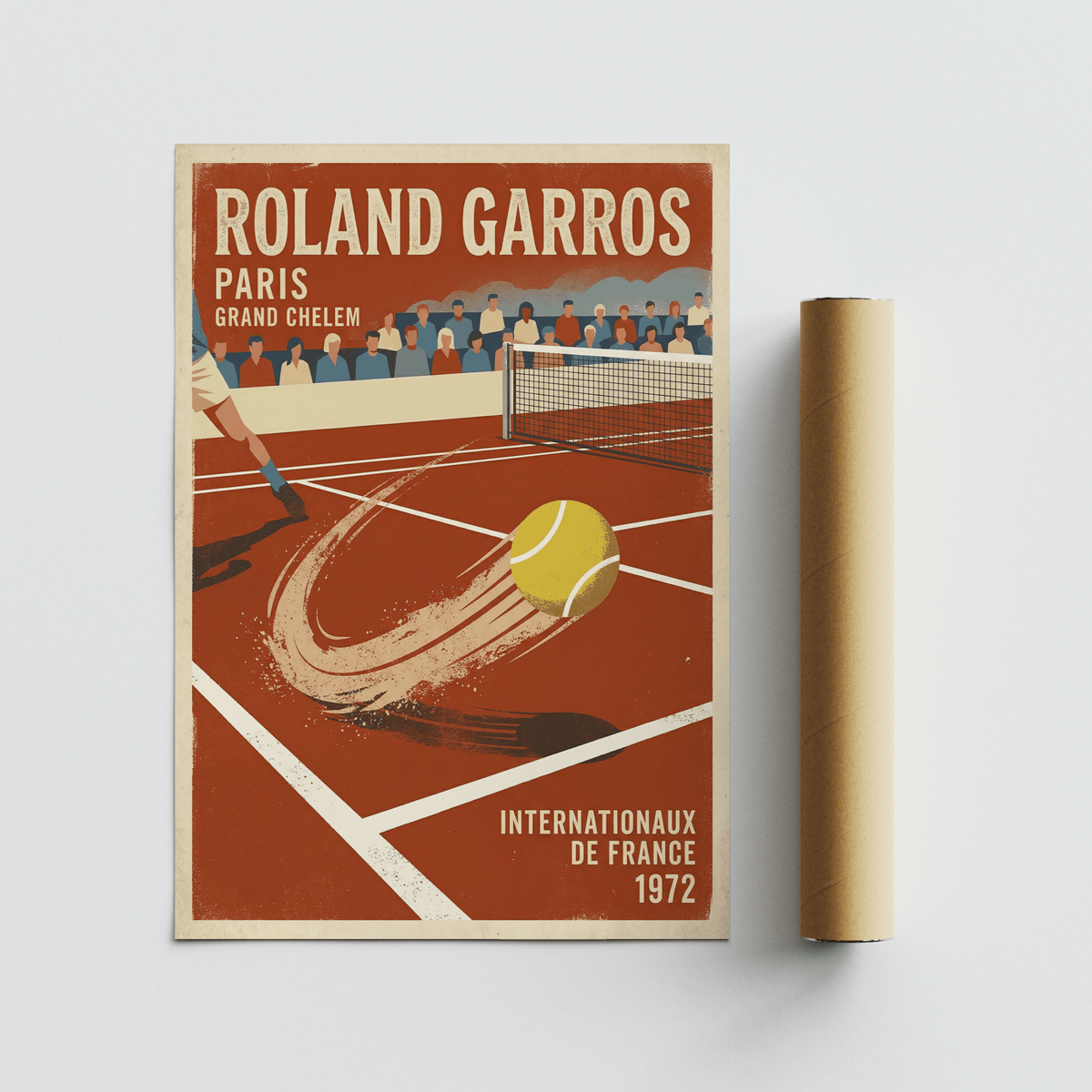 Paris Clay Court Tennis Print of a yellow tennis ball on a vintage clay court next to a packaging tube