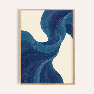 Framed print close-up of blue flowing wall art with detailed flowing blue lines on a cream background