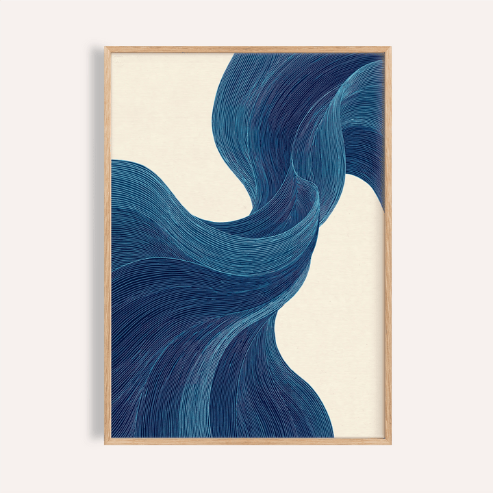 Framed print close-up of blue flowing wall art with detailed flowing blue lines on a cream background