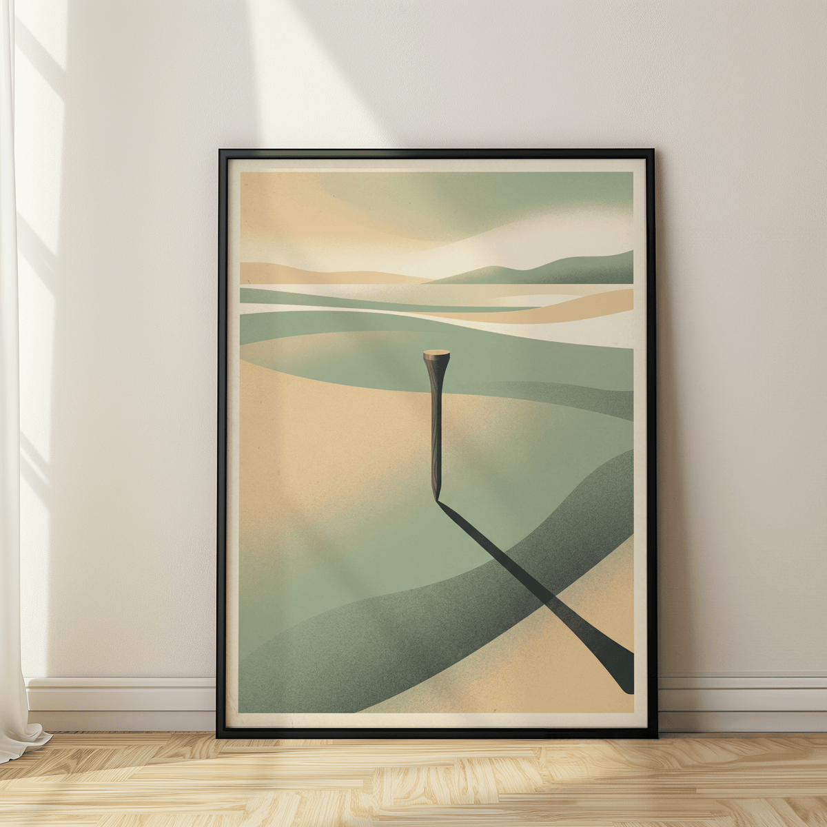 Minimalist landscape art print of a golf tee casting a long shadow in muted green and beige tones