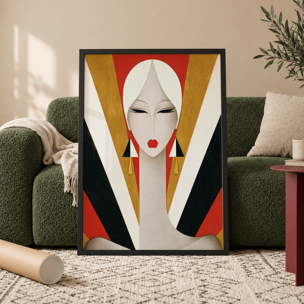 Art Deco Woman Portrait Print leaning against a green sofa with a cream throw and a cardboard tube nearby